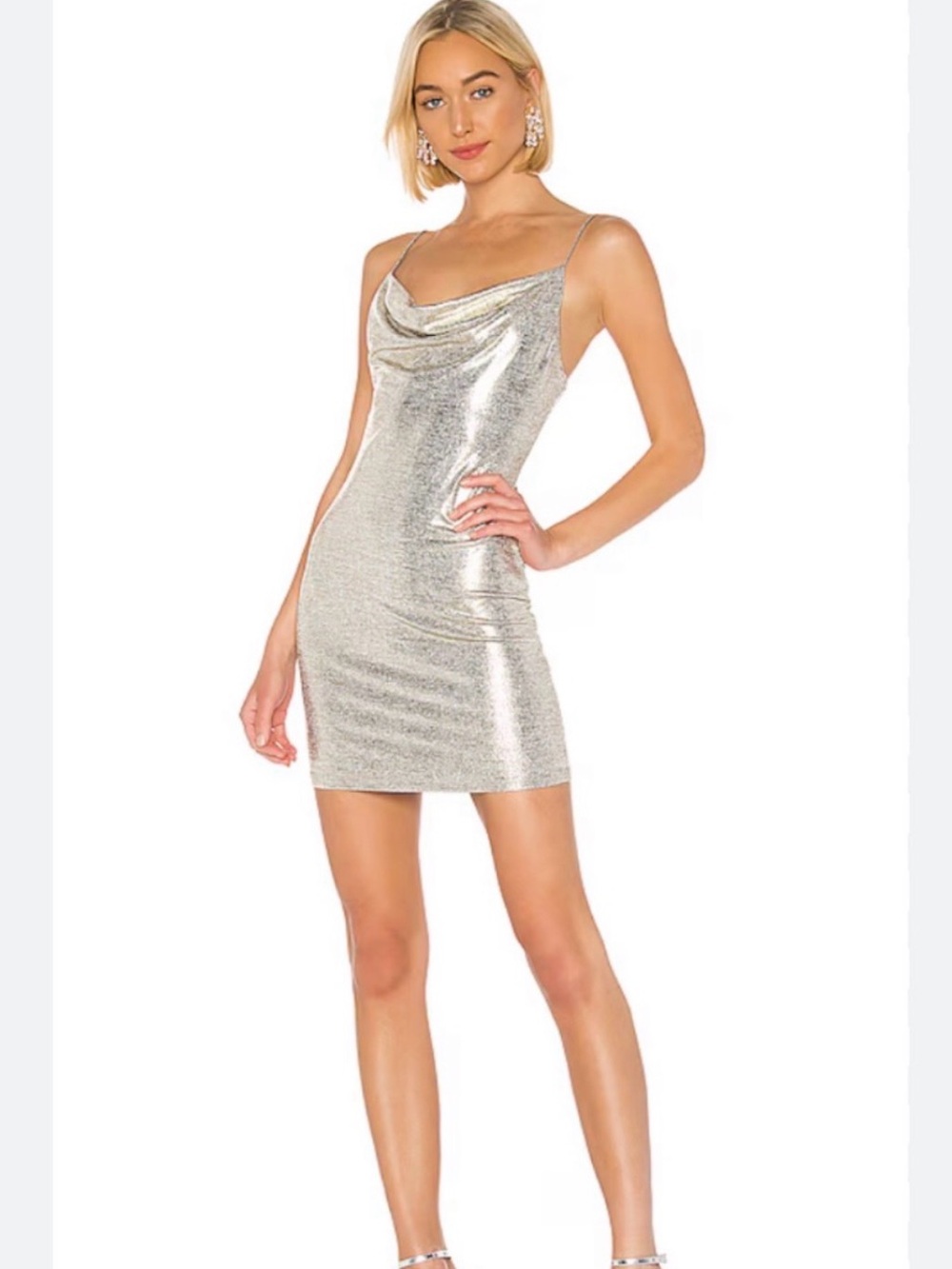 Alice + Olivia Women’s Metallic Gold Cowl Neck Spaghetti Strap Mini Slip Dress 6